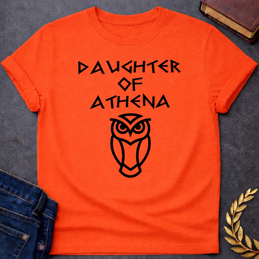 daughter of athena unisex softstyle adult t shirt featuring owl, laurel wreath, wisdom symbolism in vintage Greek mythology design