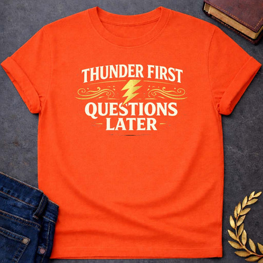 zeus thunder first questions later gym greek mythology youth t shirt featuring lightning bolt, sky god power symbolism in bold Greek mythology design