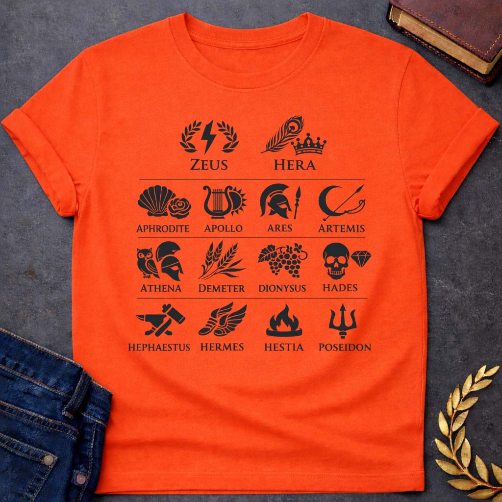 The Olympian Gods Greek Mythology Youth T-Shirt featuring detailed Greek mythology artwork, symbolic design, and bold graphic style