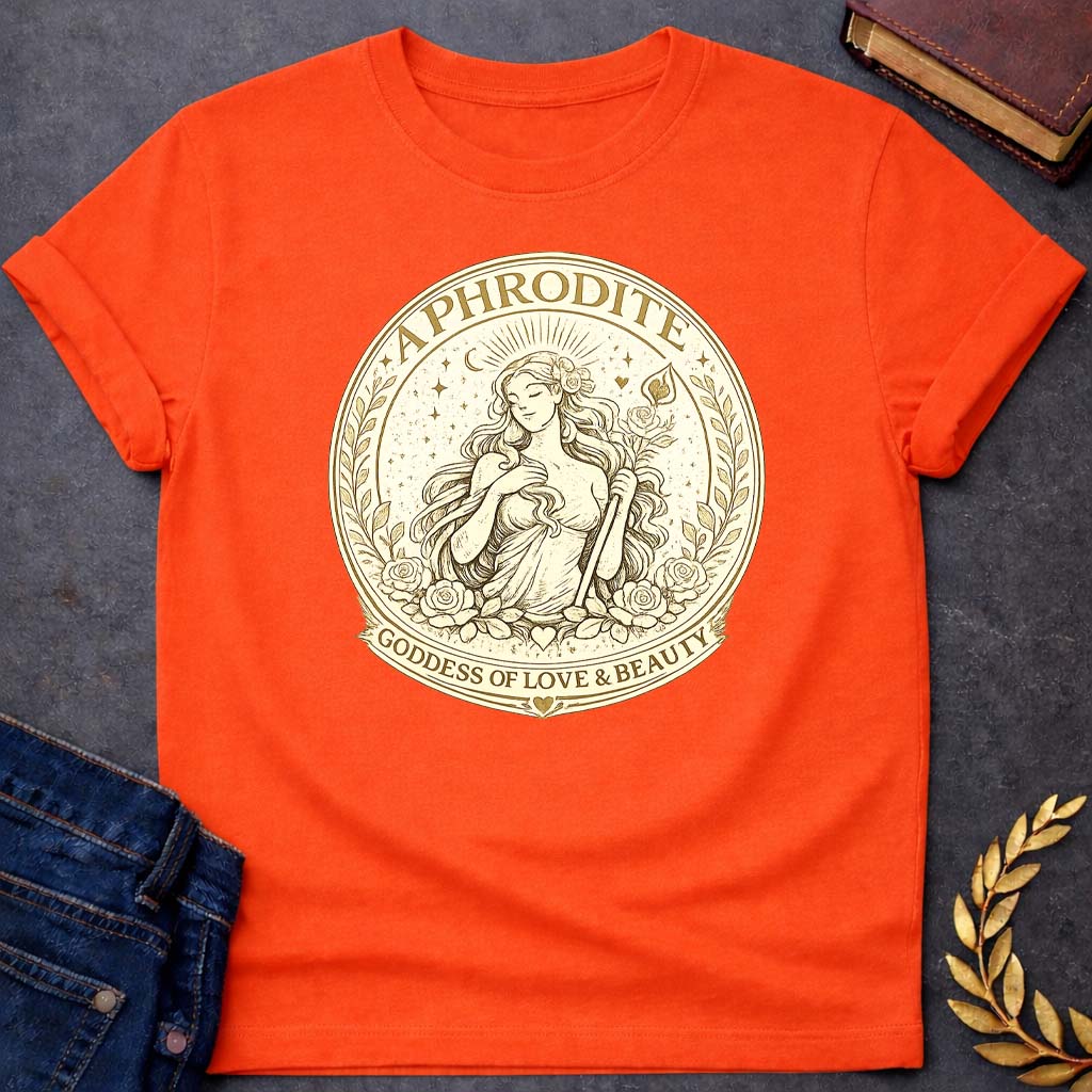 Aphrodite Goddess of Love & Beauty Greek Mythology Youth T-Shirt featuring detailed Greek mythology artwork, symbolic design, and bold graphic style