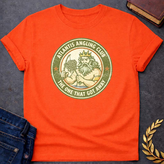 poseidon atlantis angling club greek mythology youth t shirt featuring trident, ocean waves, sea god symbolism in Greek mythology design
