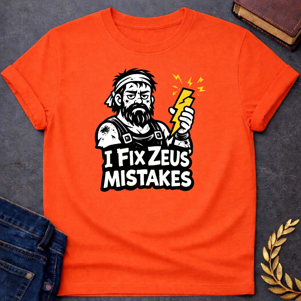 hephaestus i fix zeus mistakes greek mythology youth t shirt featuring lightning bolt, sky god power symbolism in bold Greek mythology design