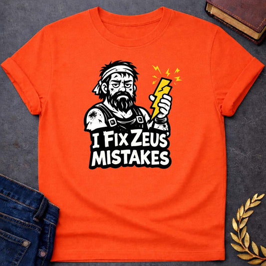 hephaestus i fix zeus mistakes greek mythology youth t shirt featuring lightning bolt, sky god power symbolism in bold Greek mythology design