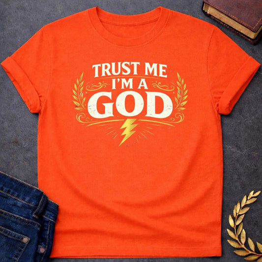 zeus trust me im a god greek mythology youth t shirt featuring lightning bolt, sky god power symbolism in bold Greek mythology design