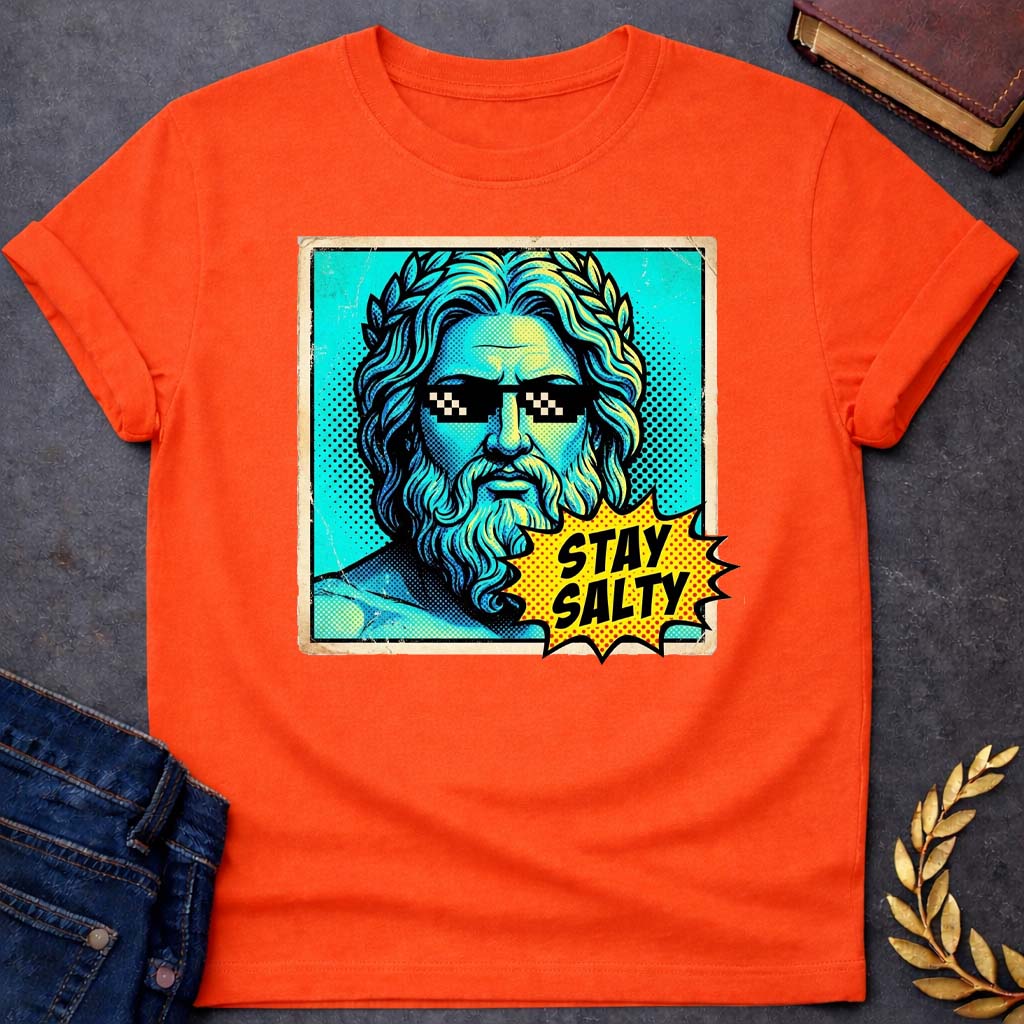 Poseidon Stay Salty Greek Mythology Youth T-Shirt featuring trident, ocean waves, sea god symbolism in Greek mythology design
