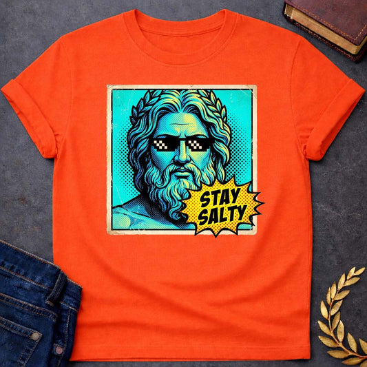 Poseidon Stay Salty Greek Mythology Youth T-Shirt featuring trident, ocean waves, sea god symbolism in Greek mythology design