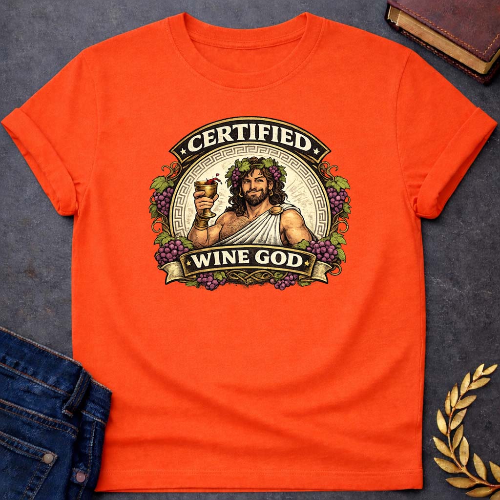 dionysus certified wine god greek mythology adult t shirt featuring detailed Greek mythology artwork, symbolic design, and bold graphic style