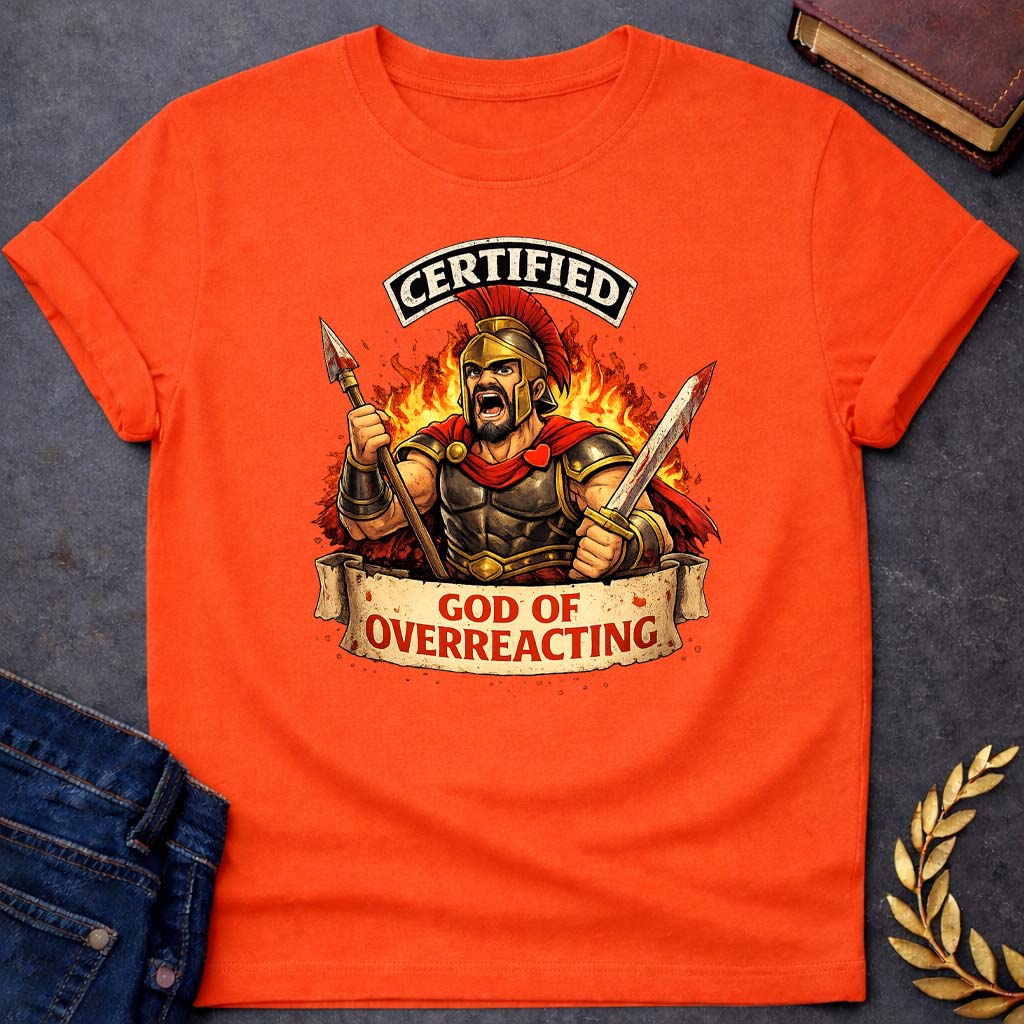 Ares Certified God of Overreacting Greek Mythology Youth T-Shirt featuring warrior armor, battle symbolism, god of war Greek mythology design