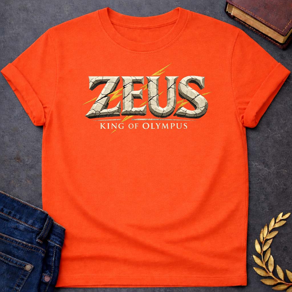zeus king of olympus greek mythology youth t shirt featuring lightning bolt, sky god power symbolism in bold Greek mythology design