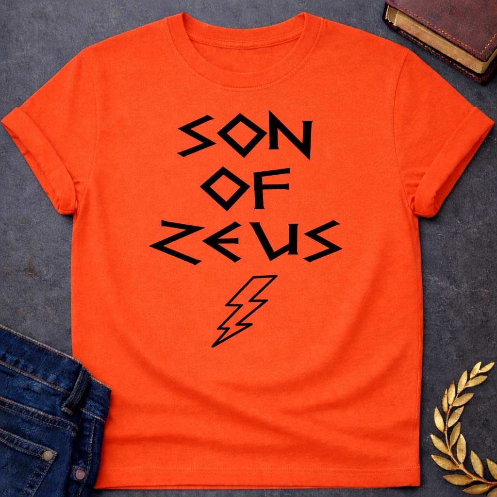 son of zeus greek mythology unisex softstyle adult t shirt featuring lightning bolt, sky god power symbolism in bold Greek mythology design
