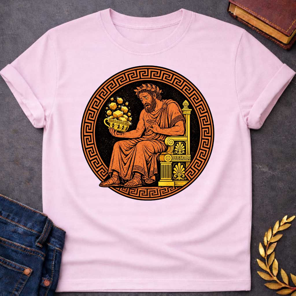 Light Pink t-shirt with A Vintage Greek pottery-inspired design featuring King Midas seated on an ornate throne, looking anxiously at a golden cup overflowing with sparkling gold bars. Framed by a classic Greek key border, the artwork uses traditional terracotta, black, and gold colors to depict the legendary king's cursed golden touch in an ancient Greek vase painting style.