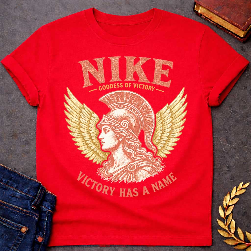 Red t-shirt with a Vintage Nike Greek mythology design featuring the goddess of victory in profile wearing a classical crested helmet, framed by large golden wings. Distressed terracotta and gold artwork includes the text “Nike,” “Goddess of Victory,” and “Victory Has a Name,” celebrating strength, triumph, and ancient Greek mythology.