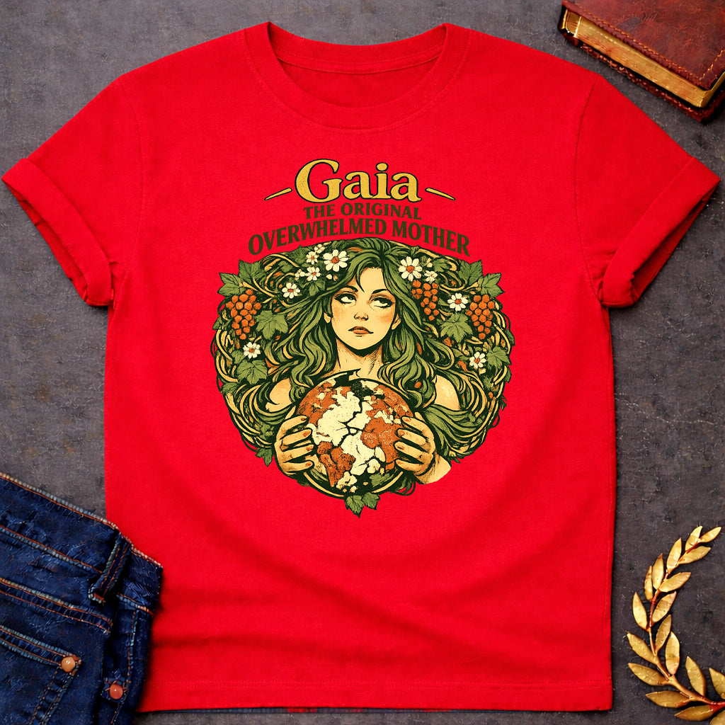 gaia overwhelmed mother greek mythology adult shirt featuring detailed Greek mythology artwork, symbolic design, and bold graphic style
