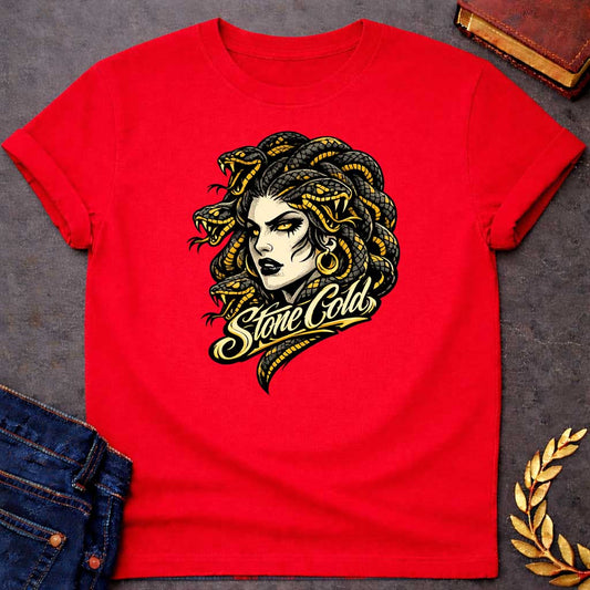 medusa stone cold greek mythology youth shirt featuring detailed Greek mythology artwork, symbolic design, and bold graphic style
