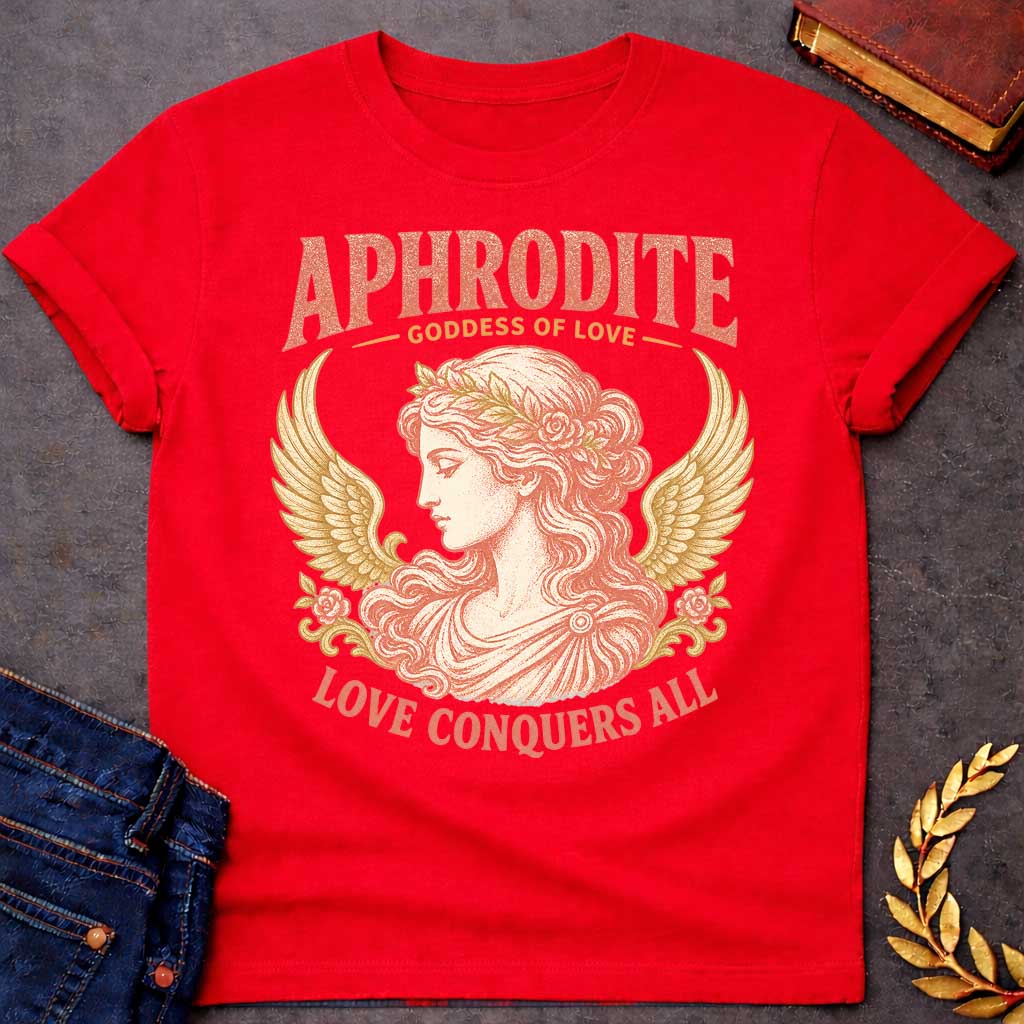 Red t-shirt with a Vintage Greek mythology design featuring Aphrodite, goddess of love, in an elegant classical portrait framed by golden wings, roses, and floral details. Warm coral and gold engraving-style artwork is paired with bold text reading "Aphrodite – Goddess of Love" and "Love Conquers All."