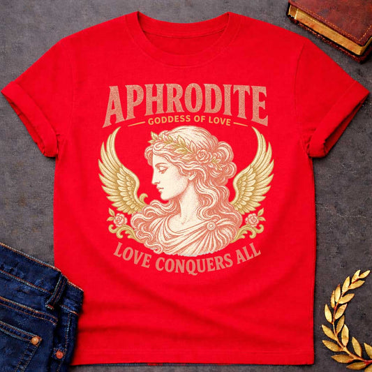 Red t-shirt with a Vintage Greek mythology design featuring Aphrodite, goddess of love, in an elegant classical portrait framed by golden wings, roses, and floral details. Warm coral and gold engraving-style artwork is paired with bold text reading "Aphrodite – Goddess of Love" and "Love Conquers All."