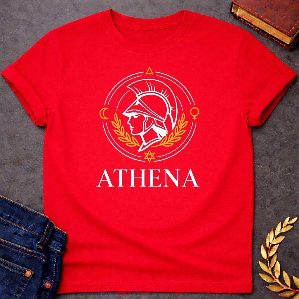 athena minimalist style greek mythology youth shirt featuring owl, laurel wreath, wisdom symbolism in vintage Greek mythology design