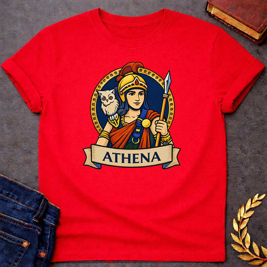 Red unisex t-shirt laid flat, featuring a colorful Greek mythology badge graphic of Athena in a golden helmet holding a spear, with a white owl on her shoulder, above a banner reading "ATHENA"