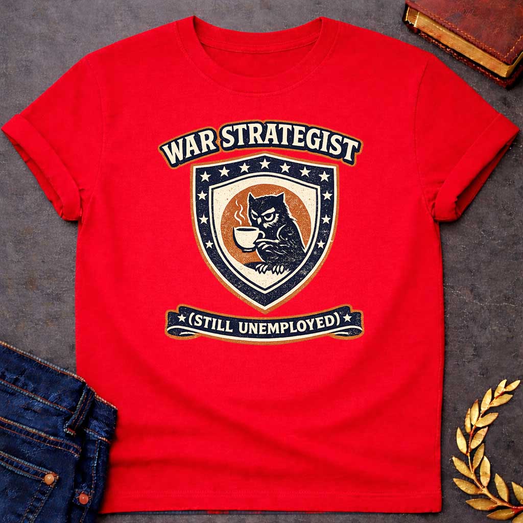 Red T-shirt graphic featuring a vintage varsity-style crest in navy, orange, and cream. A grumpy owl holding a steaming coffee cup is centered on a shield surrounded by stars. An arched banner above reads "War Strategist" and a ribbon banner below reads "(Still Unemployed)," giving the design a humorous tone