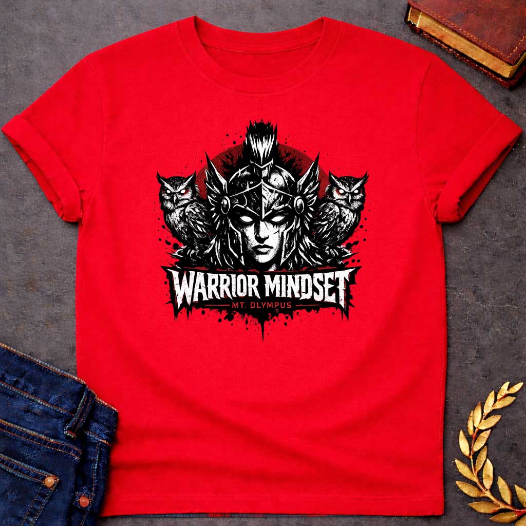 Red T-shirt graphic in a dark, intense ink style featuring a front-facing illustration of Athena in a winged helmet against a deep red circle, flanked by two owls with glowing red eyes. Bold distressed text below reads "Warrior Mindset" with "Mt. Olympus" in red underneath, in a heavy metal-inspired Greek mythology design rendered in black, white, and red