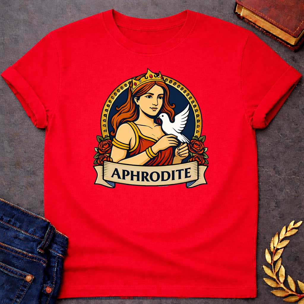 Red T-shirt graphic featuring a vibrant illustrated portrait of Aphrodite, the Greek Goddess of Love, with flowing red hair and a gold crown, wearing a red draped gown with gold bracelets, cradling a white dove in her hands. She is framed within a gold circular border flanked by red roses, with a scroll banner below reading "Aphrodite," in a bold tattoo-inspired style with navy, gold, and red tones
