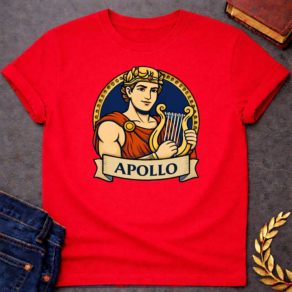 Red T-shirt graphic featuring a vibrant illustrated portrait of Apollo, the Greek God of the Sun and Music, with short curly hair and a gold laurel crown, wearing a red draped robe fastened with a gold brooch, playing a golden lyre. He is framed within a gold circular border against a navy background, with a scroll banner below reading "Apollo," in a bold tattoo-inspired style with navy, gold, and red tones