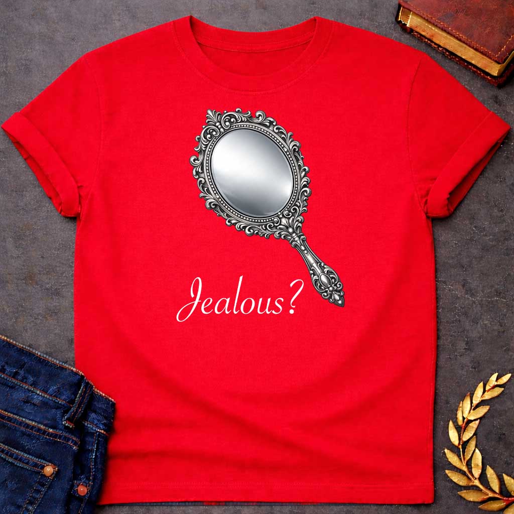 Red T-shirt graphic featuring an ornate silver hand mirror with an oval reflective face, decorated with intricate baroque-style scrollwork, floral motifs, and beaded detailing along the frame and handle, set against a solid black background. Associated with Aphrodite, Greek Mythology Goddess of Love