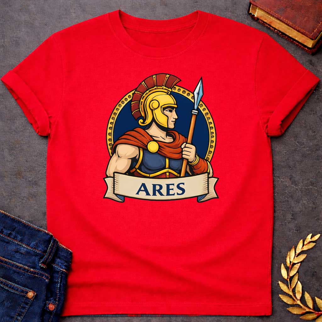 Red T-shirt graphic featuring a vibrant illustrated portrait of Ares, the Greek God of War, shown in side profile wearing a gold Corinthian helmet with a red plume, blue and gold armor, and a flowing red cape fastened with a gold brooch, holding a spear upright. He is framed within a gold circular border against a navy background, with a scroll banner below reading "Ares," in a bold tattoo-inspired style with navy, gold, and red tones