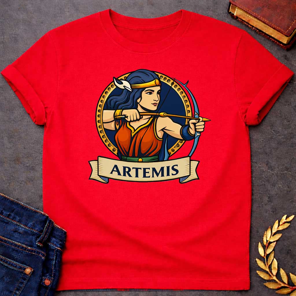Red T-shirt graphic featuring a vibrant illustrated portrait of Artemis, the Greek Goddess of the Hunt, with long dark blue hair and a gold headband adorned with a white crescent moon, wearing a red and blue draped gown with a green belt, drawn back in a dynamic archery pose with a bow and arrow aimed forward. She is framed within a gold circular border against a navy background, with a scroll banner below reading "Artemis," in a bold tattoo-inspired style with navy, gold, and red tones