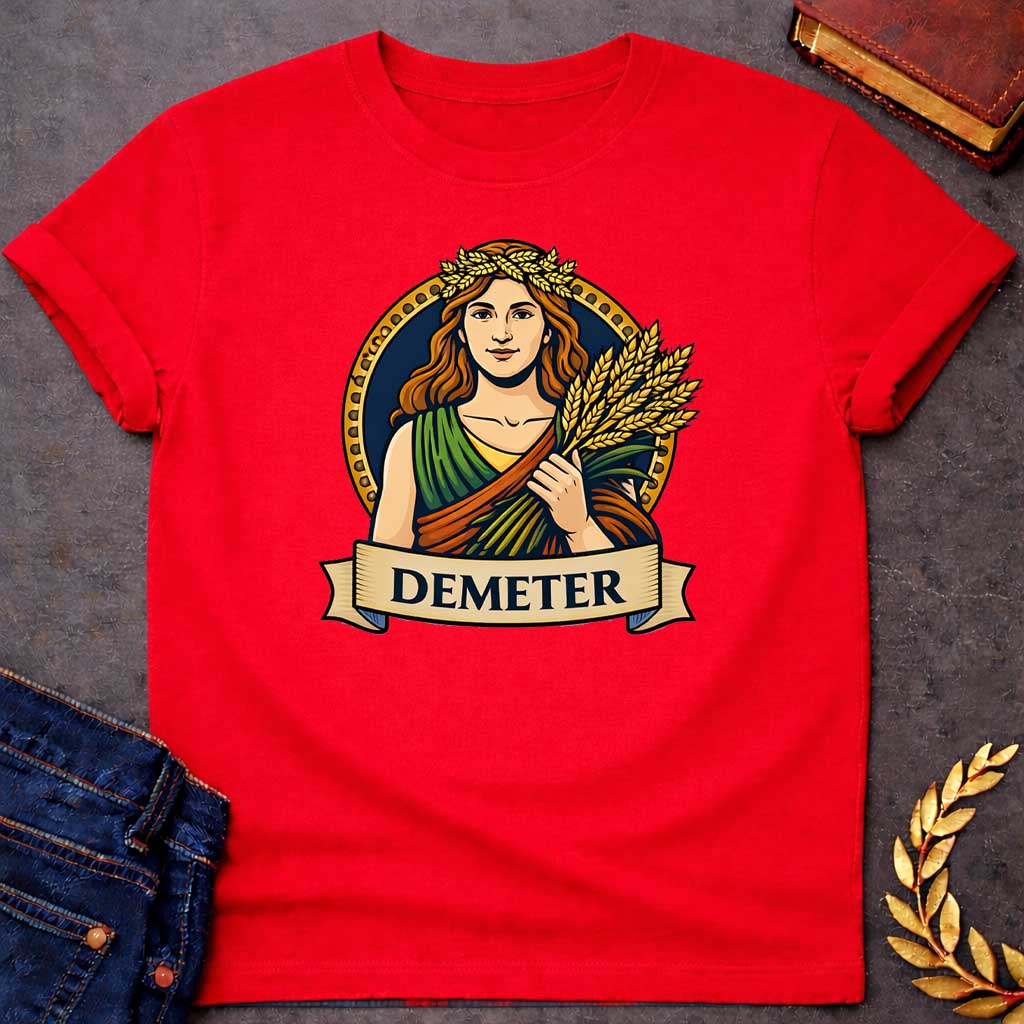 Red T-shirt graphic featuring a vibrant illustrated portrait of Demeter, the Greek Goddess of the Harvest, with long wavy red hair and a golden wheat wreath crown, wearing a layered green, orange, and yellow draped robe, holding a bundle of golden wheat stalks. She is framed within a gold circular border against a navy background, with a scroll banner below reading "Demeter," in a bold tattoo-inspired style with navy, gold, and earth tones