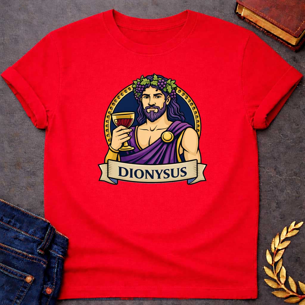 Red T-shirt graphic featuring a vibrant illustrated portrait of Dionysus, the Greek God of Wine, with long wavy purple hair and a beard, wearing a grape vine and leaf crown adorned with clusters of purple grapes, dressed in a purple draped robe fastened with a gold brooch, raising a golden goblet filled with red wine. He is framed within a gold circular border against a navy background, with a scroll banner below reading "Dionysus," in a bold tattoo-inspired style with navy, gold, and purple tones