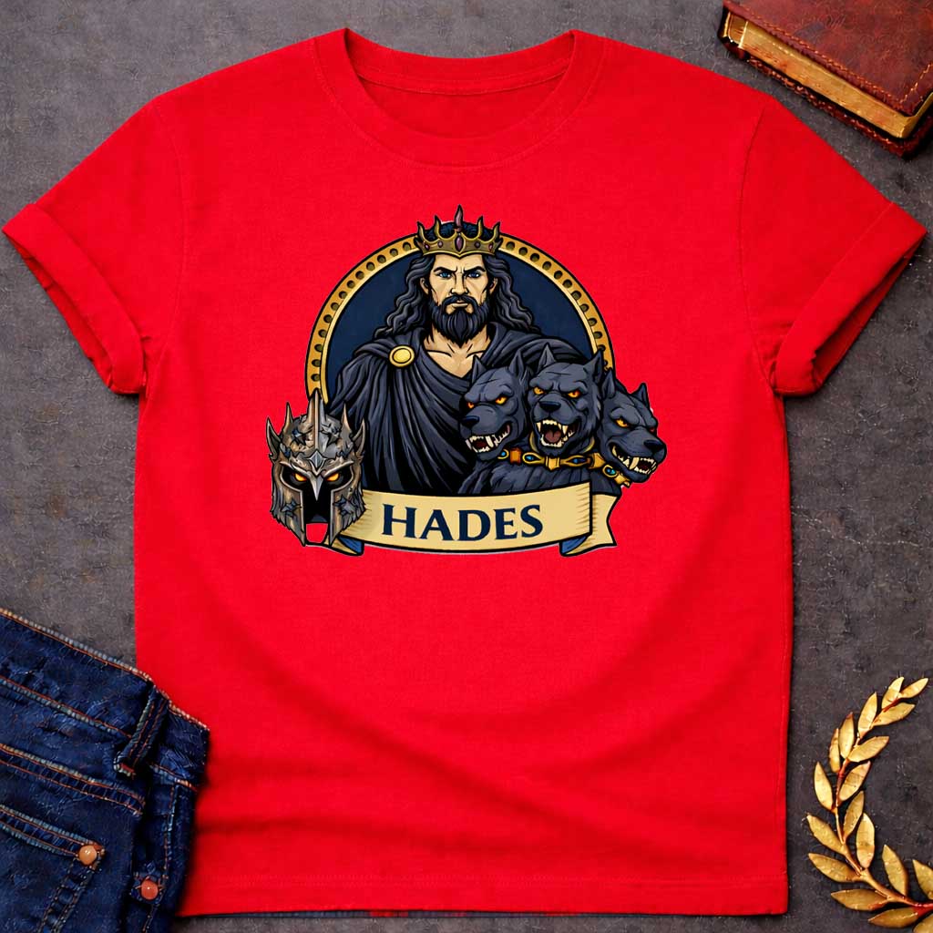 Red T-shirt graphic featuring a vibrant illustrated portrait of Hades, the Greek God of the Underworld, with long dark wavy hair and a beard, piercing blue eyes, wearing a dark hooded cloak fastened with a gold brooch and a jeweled gold crown. He is flanked by the three snarling heads of Cerberus wearing a gold and gemstone collar, with a dark battle helmet displayed to the left. He is framed within a gold circular border against a navy background, with a scroll banner below reading "Hades," in a bold tatto