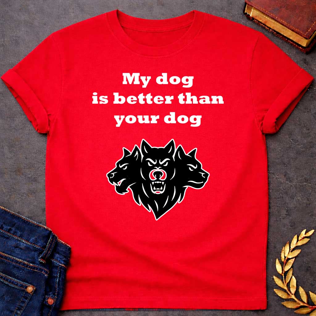Red T-shirt graphic in black and white featuring bold serif text reading "My dog is better than your dog" above a flat black silhouette illustration of Cerberus, the three-headed dog of the underworld, with the center head facing forward snarling and the two side heads in profile, in a humorous nod to Hades from Greek mythology, designed for a light-coloured shirt