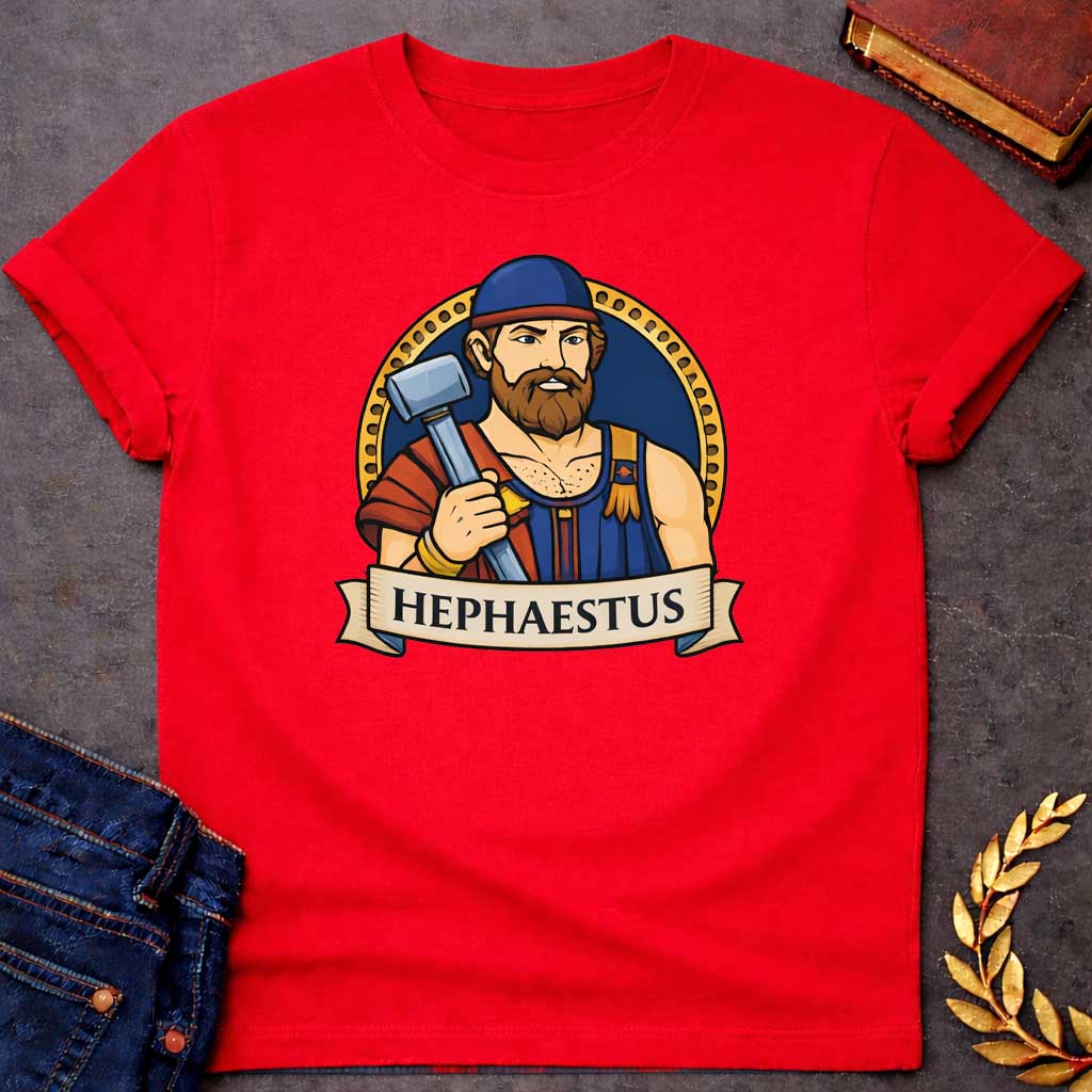Red T-shirt graphic featuring a vibrant illustrated portrait of Hephaestus, the Greek God of the Forge, depicted as a muscular bearded man with a full red-brown beard, wearing a blue workman's tunic with gold suspenders and a blue cap with a red brim, holding a large silver smith's hammer over his shoulder with soot marks on his chest. He is framed within a gold circular border against a navy background, with a scroll banner below reading "Hephaestus," in a bold tattoo-inspired style with navy, gold, and re