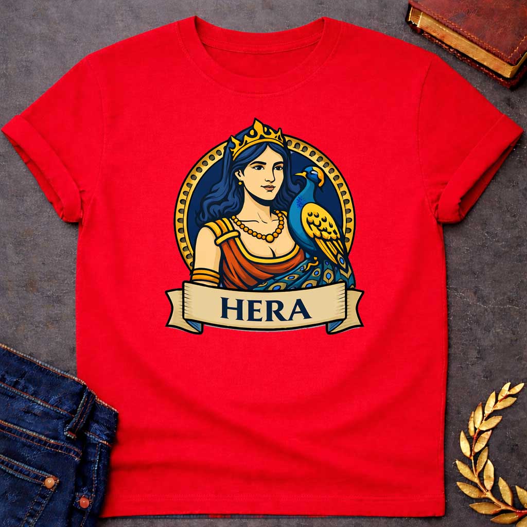 Red T-shirt graphic featuring a vibrant illustrated portrait of Hera, the Greek Queen of the Gods, with long dark blue wavy hair and a gold crown, wearing a red draped robe with gold arm bands and a gold beaded necklace, with a blue and gold peacock perched at her side displaying its ornate tail feathers. She is framed within a gold circular border against a navy background, with a scroll banner below reading "Hera," in a bold tattoo-inspired style with navy, gold, and red tones