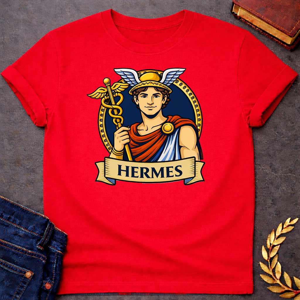 Red T-shirt graphic featuring a vibrant illustrated portrait of Hermes, the Greek Messenger God, as a young man with curly brown hair wearing a gold winged helmet, dressed in a red and blue draped robe fastened with a gold brooch, holding a golden caduceus staff entwined with two serpents and topped with wings. He is framed within a gold circular border against a navy background, with a scroll banner below reading "Hermes," in a bold tattoo-inspired style with navy, gold, and red tones