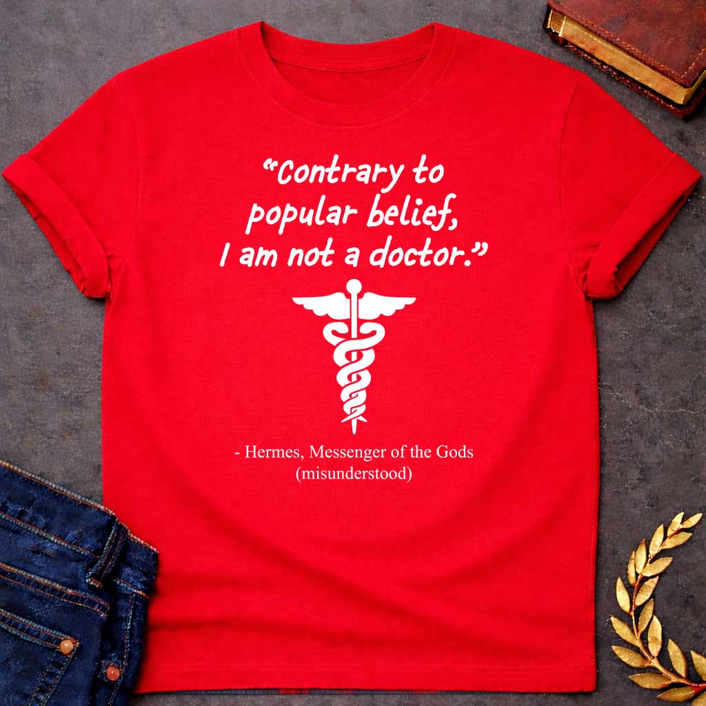 Red T-shirt graphic in white text featuring a handwritten-style quote reading "Contrary to popular belief, I am not a doctor." above a white caduceus symbol, with the humorous attribution below in serif text reading "- Hermes, Messenger of the Gods (misunderstood)," playing on the common confusion between Hermes' caduceus and the medical symbol