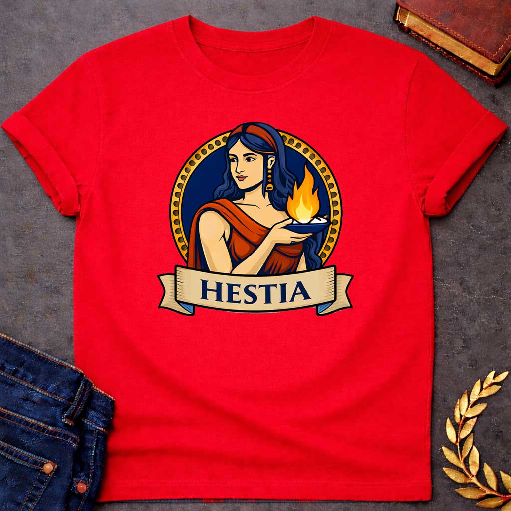 Red T-shirt graphic featuring a vibrant illustrated portrait of Hestia, the Greek Goddess of the Hearth, with long dark blue wavy hair and a red headband, wearing gold drop earrings and a red draped robe, gently cradling a blue oil lamp with a glowing flame in her outstretched hands. She is framed within a gold circular border against a navy background, with a scroll banner below reading "Hestia," in a bold tattoo-inspired style with navy, gold, and red tones