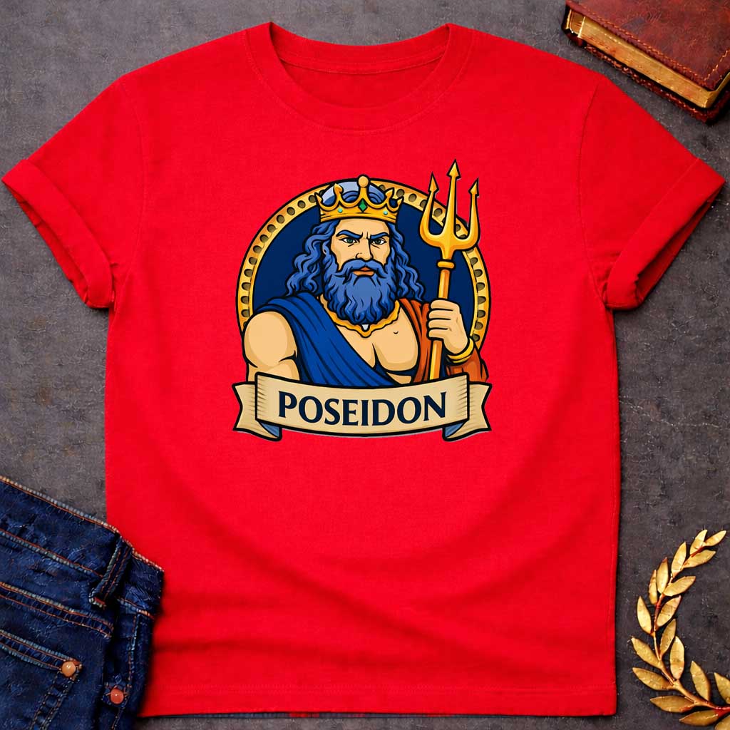 Red T-shirt graphic featuring a vibrant illustrated portrait of Poseidon, the Greek God of the Sea, as a powerful muscular man with long wavy blue hair and a full blue beard, wearing a gold jeweled crown and a blue and red draped robe with a gold necklace, gripping a large golden trident. He is framed within a gold circular border against a navy background, with a scroll banner below reading "Poseidon," in a bold tattoo-inspired style with navy, gold, and blue tones