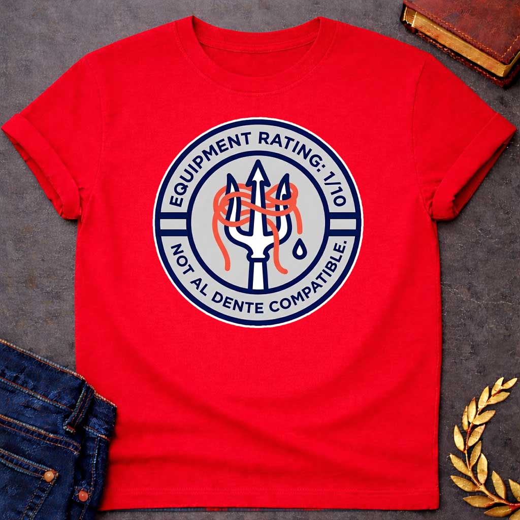 Red T-Shirt A circular patch-style graphic design. The design features a light gray inner circle surrounded by a thick navy blue border.  In the center, a white trident outlined in navy blue has a tangle of bright orange spaghetti coiled around its tines. A single blue water droplet sits to the right of the trident's handle.  The top half of the navy border contains the white text: "EQUIPMENT RATING: 1/10".  The bottom half of the border contains the white text: "NOT AL DENTE COMPATIBLE."  The entire emblem