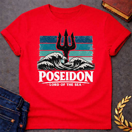 Red T-Shirt A vintage-style graphic shirt design.  The central image features a distressed, black silhouette of a trident rising from the center of crashing, white-capped ocean waves. Behind the trident is a square background made of horizontal stripes in shades of blue, teal, and light seafoam, all with a heavily weathered and grainy texture. Below the waves, the name "POSEIDON" is written in large, bold, white distressed block letters. Underneath the name, the title "— LORD OF THE SEA —" is displayed in a