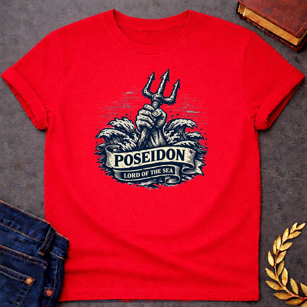 Red T-shirt graphic in a vintage nautical woodcut style featuring a powerful fist rising from crashing ocean waves while gripping a trident upright, with a scroll banner across the middle reading "Poseidon" above and "Lord of the Sea" below, referencing Poseidon, the Greek God of the Sea