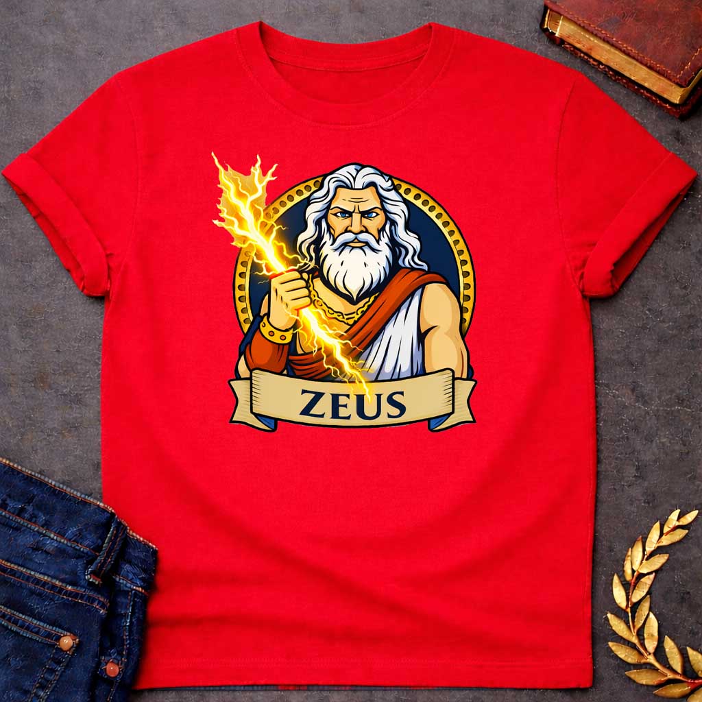 Red T-shirt graphic featuring a vibrant illustrated portrait of Zeus, the Greek King of the Gods, as a powerful older man with long wavy white hair and a full white beard, piercing blue eyes, wearing a white draped robe with a red sash and a gold chain necklace and bracelet, wielding a crackling golden lightning bolt. He is framed within a gold circular border against a navy background, with a scroll banner below reading "Zeus," in a bold tattoo-inspired style with navy, gold, and white tones