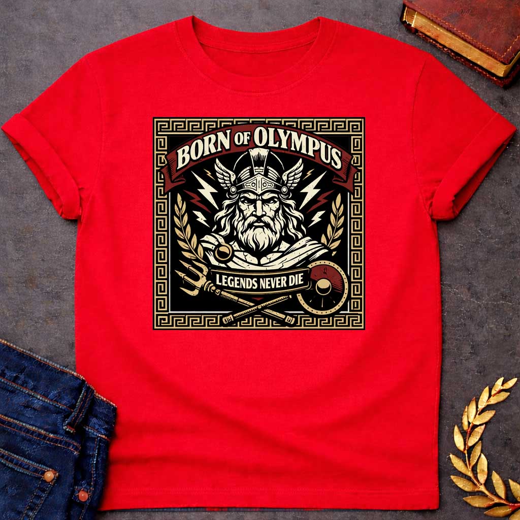 Red T-shirt graphic featuring a bold vintage label-style design with a Greek meander border in gold. A red arched banner at the top reads "Born of Olympus" above a front-facing illustration of Zeus with long white hair and beard wearing a winged helmet, surrounded by radiating lightning bolts and flanked by golden laurel branches. A crossed trident and scepter with a red shield sit below, with a scroll banner reading "Legends Never Die," rendered in black, gold, cream, and red tones