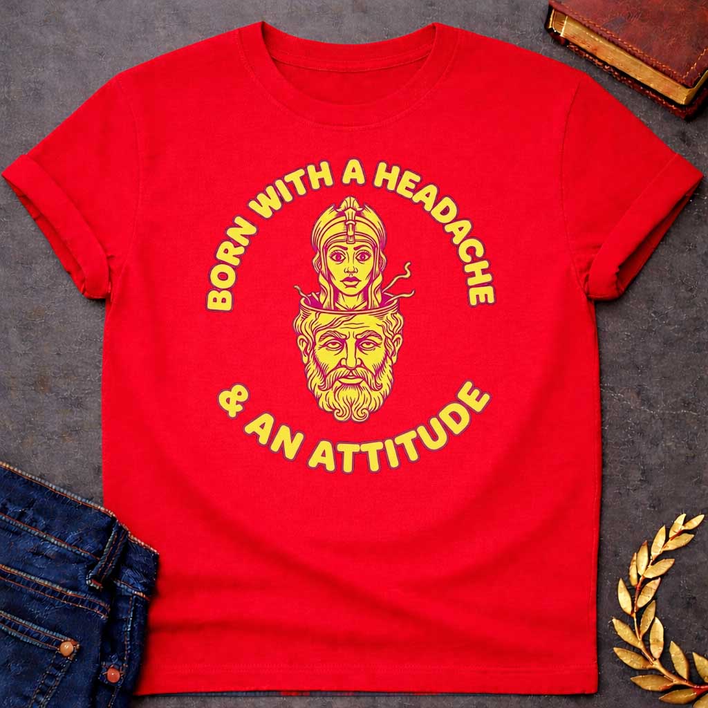Red T-shirt graphic in yellow and pink featuring a retro illustration of Athena emerging from the split-open head of Zeus, depicted as a bearded older man with his cranium open at the top. Bold rounded yellow text with pink outline curves around the circular design reading "Born with a Headache" arched above and "& an Attitude" arched below — a humorous reference to the Greek myth of Athena's birth, in a vintage biker patch style set