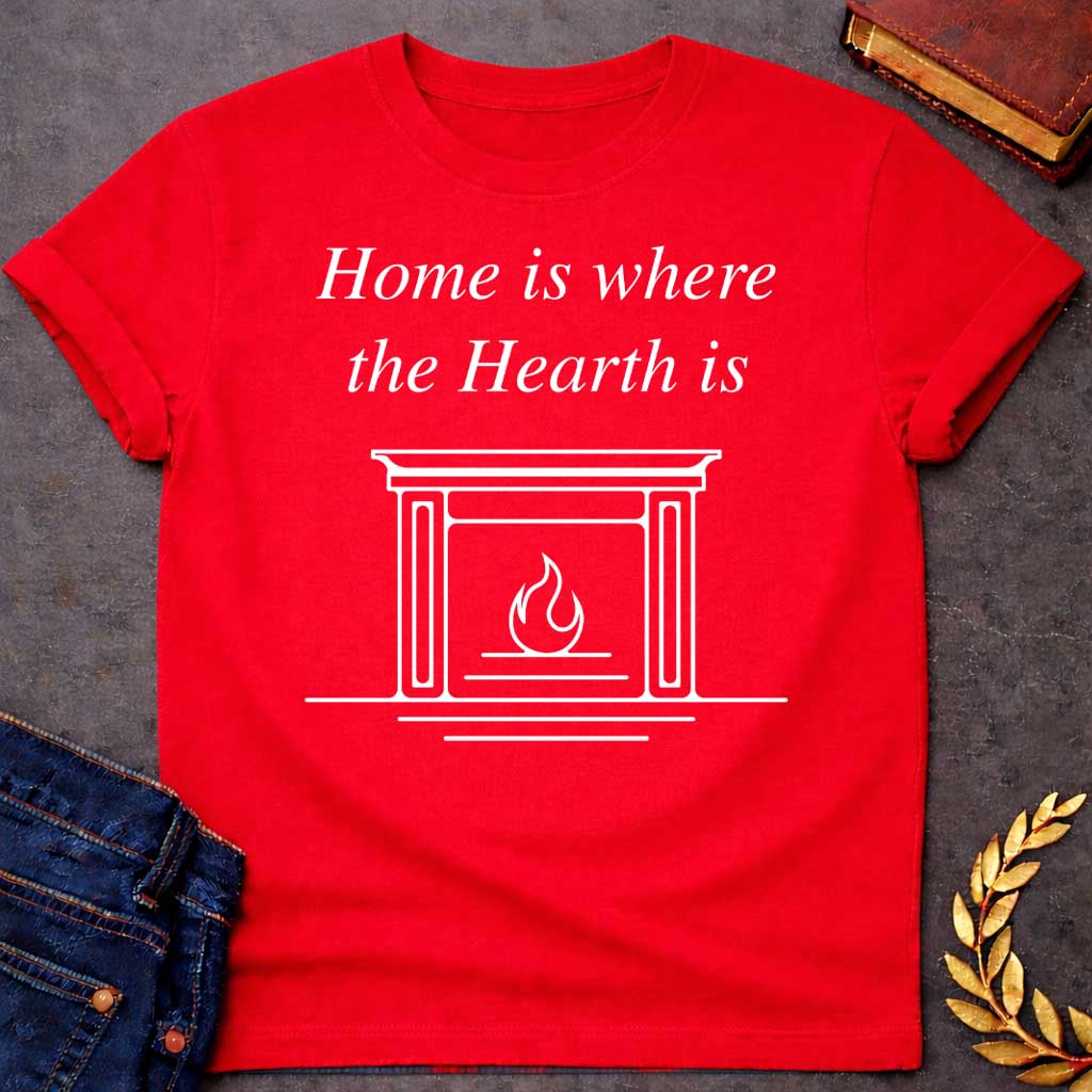 Red T-shirt graphic in white featuring elegant italic serif text reading "Home is where the Hearth is" above a clean minimal line-art illustration of a fireplace mantel with a flame burning inside — a wordplay pun referencing Hestia, the Greek Goddess of the Hearth