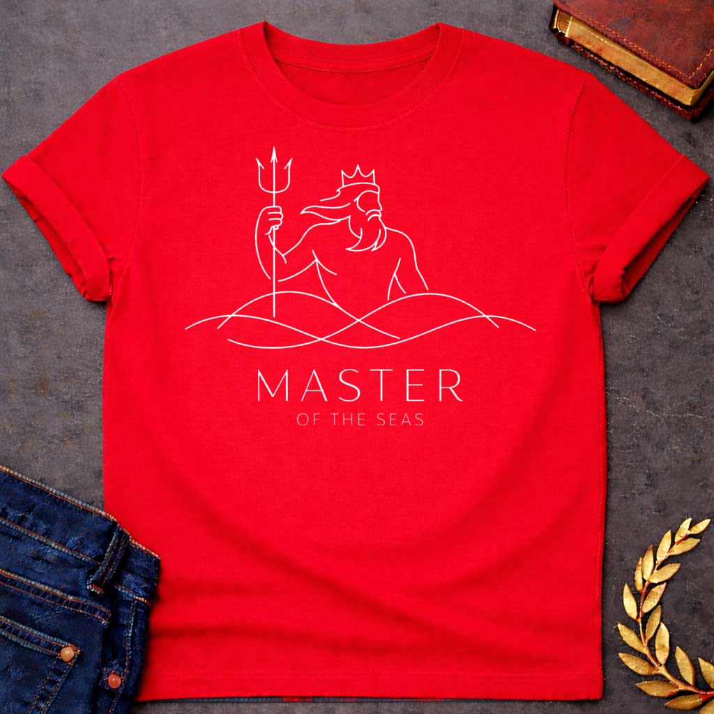 Red T-shirt graphic in white text featuring an elegant single-line art illustration of Poseidon wearing a crown, rising from stylized ocean waves while holding a trident, with refined spaced uppercase text below reading "MASTER" and smaller white text underneath reading "OF THE SEAS" — referencing Poseidon, the Greek God of the Sea, in a modern minimalist style