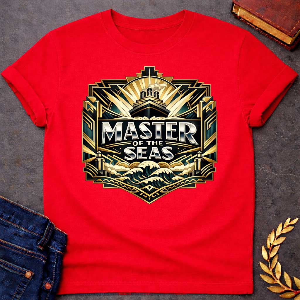Red T-shirt graphic featuring a lavish Art Deco shield-shaped badge design in dark teal, gold, and silver. A ocean liner ship emerges from sunburst rays at the top, above bold silver chrome text reading "Master of the Seas" centered on a dark background, with stylized crashing gold and teal waves below and ornate geometric architectural columns flanking the sides — referencing Poseidon, the Greek God of the Sea
