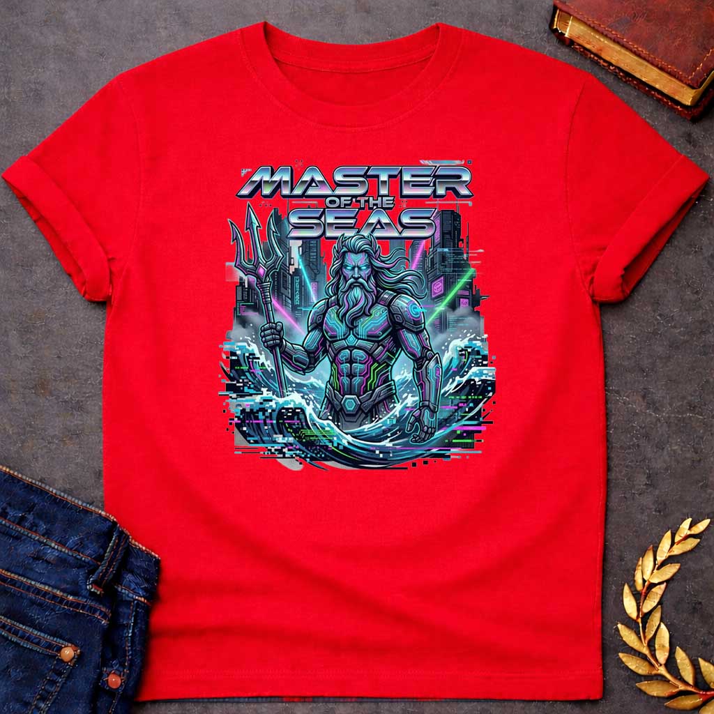 Red T-shirt graphic featuring a cyberpunk reimagining of Poseidon, the Greek God of the Sea, depicted as a powerful bearded figure in glowing neon-lit futuristic armor with circuit board detailing, wielding a high-tech trident, rising from crashing waves against a dark dystopian cityscape backdrop with glitch effects and pixel artifacts. Bold chrome holographic text arched above reads "Master of the Seas" in a retro-futuristic font, rendered in neon teal, purple, and green tones,