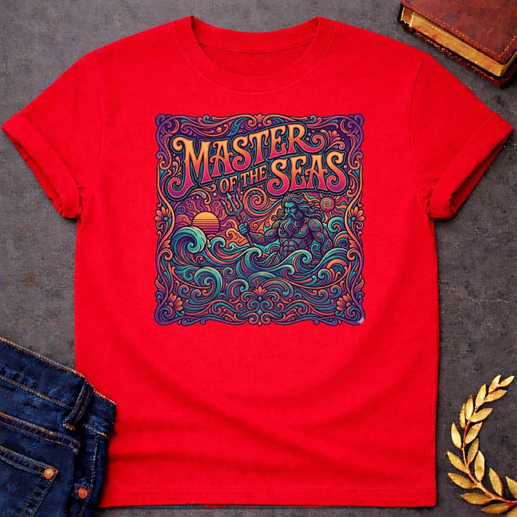 Red T-shirt graphic featuring a vibrant psychedelic 1970s-inspired illustration of Poseidon, the Greek God of the Sea, rising from swirling ornate waves while holding a trident, with a retro sunset on the left, all enclosed in an intricate decorative scrollwork and floral border. Bold groovy hand-lettered text arched across the top reads "Master of the Seas" in orange and teal, rendered in a rich kaleidoscopic palette of teal, orange, purple, and pink